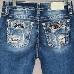 Miss Me Jeans 28 Blue Curvy Ankle Skinny Raw Hem Distressed Embellished Pockets
